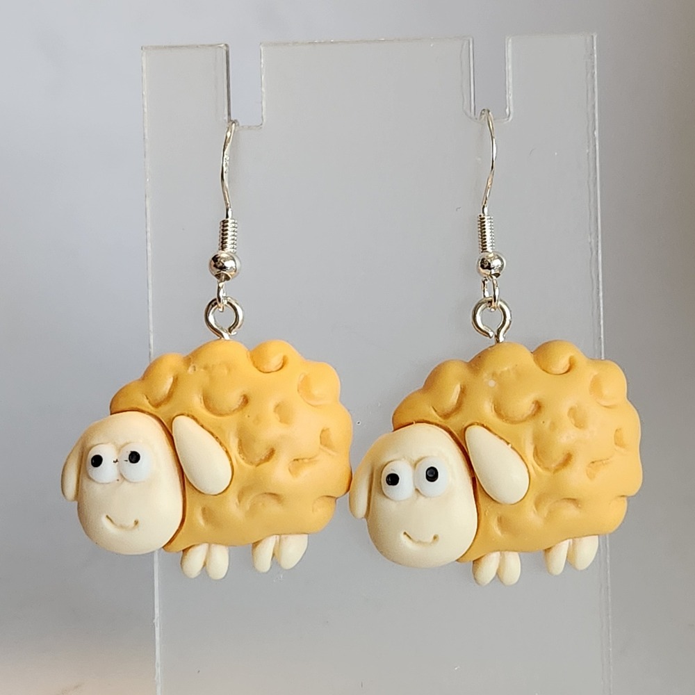 Handmade Yellow Sheep Drop Earrings Whimsical Lamb Farm Animal Novelty Jewelry